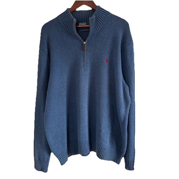 Polo Ralph Lauren Men’s Blue Sweater Size XXL 100% Cotton 1/4 Zip Mock Neck - Picture 1 of 13